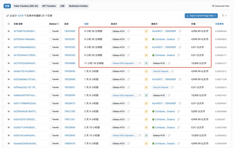 Celsius持续转出10,000ETH至Coinbase