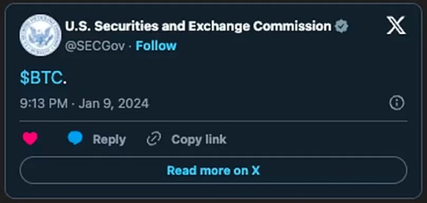 [金色财经]SEC称比特币ETF获批新闻为假 系X账户被盗用