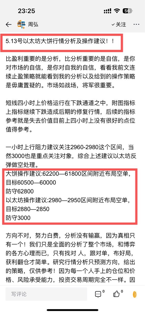 [周弘]前文以太坊空单盈利90点，大饼1100点。前文策略已连续止盈！，