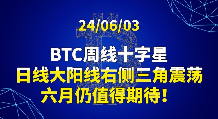 [交易公子扶苏]24/06/03BTC周线十字星，日线大阳线右侧三角震荡，六月仍值得期待！